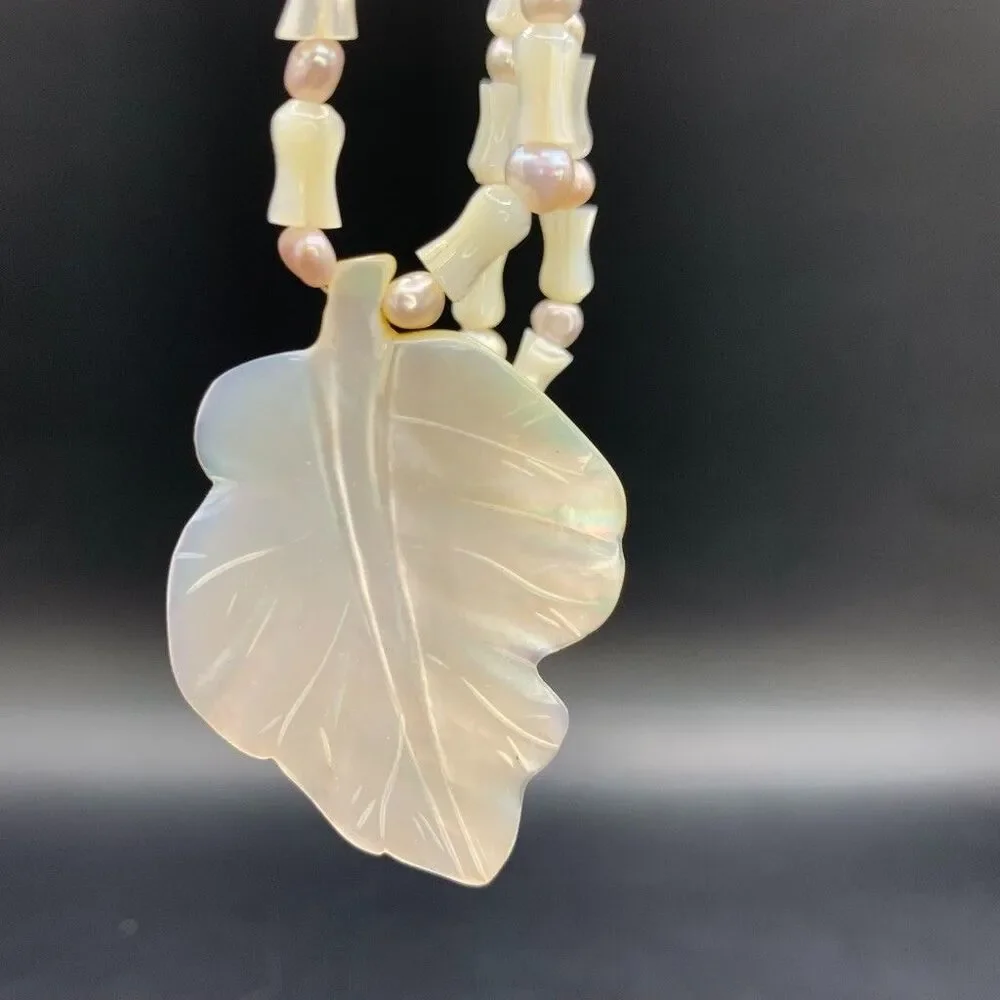 Vintage Artisan Mother of Pearl Leaf Necklace Beaded Toggle Clasp Retro White
